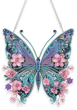 Diamond Painting Fensterbilder Schmetterling, DIY Hängender Diamantbemalter Schmetterling, 3D Diamond Painting Anhänger Schmetterlinge, Diamant Malset Frühling Fenster Türkranz Deko（22.9x24.9cm）