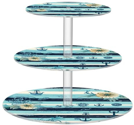 Alzata per cupcake a 3 ripiani a righe nautiche con margherite blu per feste, tazze e torte, supporto per dessert, decorazioni da tavolo per feste e matrimoni