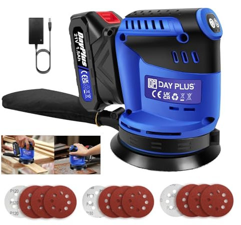 Levigatrice Rotorbitale a Batteria 21V, 125mm - 3 Velocità,11000 OPM,con Sacchetto Raccolta Polvere,1 batteria,1 caricatore,12 Carte Abrasive - Ideale per Legno, Laccature, Metallo e Ceratura