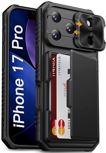 Vihibii for iPhone 17 Pro Case with Card Holder (4 Cards), Black | Slide Camera Cover, Military Drop & RFID Protection, Heavy Duty Shockproof, Silicone Wallet Phone Case for iPhone 17 Pro 6.3