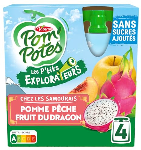 POM'POTES – Compotes Sans Sucres Ajoutés Pomme, Pêche & Fruit du Dragon, Gourdes 4x90g - Le Lot De 4