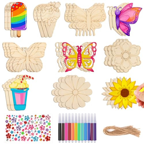 Moosono 73 Stück Bastelset Kinder Schmetterling, Eiscreme und Blume mit Aquarellstift & Edelsteinaufkleber Deko Schnur Basteln Kindergeburtstag für DIY Geburtstag Basteln Kinder