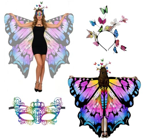 NAVESO Kostüm Schmetterling Damen,3 Stück Schmetterlingsflügel Erwachsene mit Haarreif Maske,Schmetterling Umhang Damen,Schmetterlingskostüm Faschingskostüme für Karneval Halloween (Mehrfarbig)