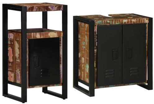 QZZCED Set di mobili da bagno 2 pezzi marrone legno massello riciclato con armadio lavabo e armadio da bagno industriale per stoccaggio e organizzazione