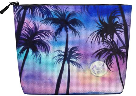 Palm Tree Pattern Travel Cosmetic Case Fake Hemp Large Capacity Zippered Bag Water Resistant Daily Organizer