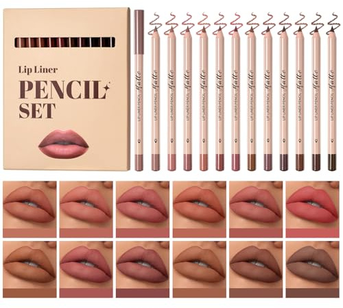 Lot de 12 crayons à lèvres - Tons nudes - Imperméable - Avec finition mate - Longue durée - Ne se décolore pas - Crayon à lèvres durable pour femme