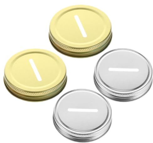 NUOBESTY 4pcs 70mm Tinplate Coin Slot Piggy Bank Lids for Mason Jars, Replacement Saving Pot Slot Covers in Gold and Silver, Practical Canning Jar Lids for Home Money Storage