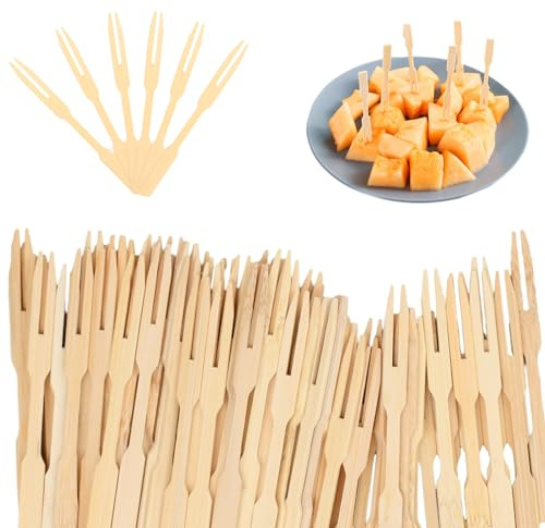 160Pcs Bamboo Party Forks, Wooden Fruit Forks, Disposable Dessert Fork, Mini Cocktail Fork, Two Prongs Fruit Picks, 3.5 Inch Bamboo Skewers for Wedding Party Picnic Baby Shower Supplies