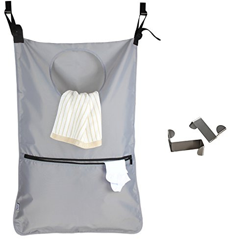 Luxja Hänge Wäschebeutel, wäschesack tür, Wäschesammler mit 2 EXTRA Edelstahl Türhaken, Wäschekorb Tasche, Grau | Wäschesammler für die Tür, Großer Wäschekorb Tasche für platzsparende Aufbewahrung, Bad Schlafzimmer, Grau