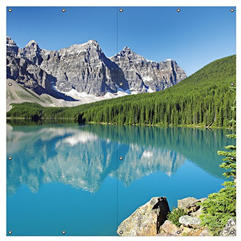 Wallario XXL Outdoor-Poster für Garten oder Balkon Tiefblauer See mit Bergpanorama und Wäldern Kanada, Motivbanner Größe: ca. 180 x 180cm, 2-teilig, Outdoor-Bild