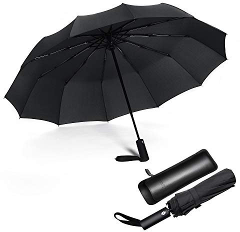JIGUOOR Umbrella Windproof Travel Compact Umbrella, 12 Ribs Strong Folding Umbrella Automatic Large Rain Umbrellas w/Teflon Coating, Wind Resistant with Leather Case for Men Women (Black)