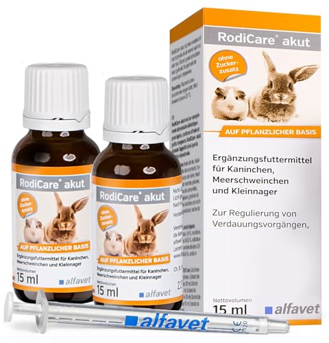 Alfavet RodiCare Akut 2x15ml - Ergänzungsfuttermittel für Nager & Kaninchen | Zur Regulierung der Verdauung bei Meerschweinchen & Kleinnagern. Mit Kräuterextrakten, ohne Zuckerzusatz. Mit Dosierspritze.