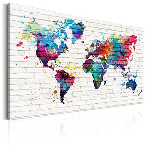 B&D XXL Weltkarte Pinnwand & Vlies Leinwand Bild 90x60 cm Bilder mit Kork Rückwand 1 Teilig Kunstdruck Korktafel Korkwand Memoboard Pinboard Wandbilder Kontinente weiß Ziegel