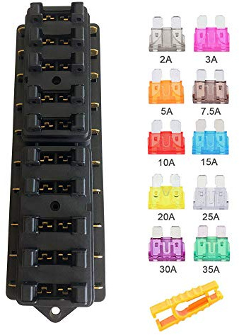 Aiqeer 10 Voies Boîte à Fusibles de Voiture, 12V / 24V / 32V / 48V Porte-Fusible à Lame Standard Universel, avec Couverture Étanche et 10 Pièces Fusibles à Lame, pour Voiture Camion Bateau Marine