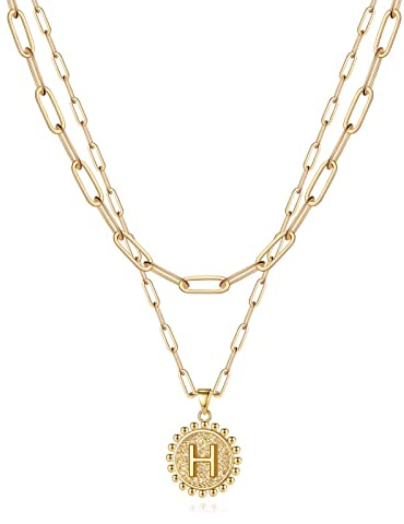 Yoosteel Regalos de Navidad para mujer, collares con inicial de oro para mujer, chapados en oro de 14 quilates, delicado collar de cadena de eslabones con clip de papel, collar en capas con inicial de