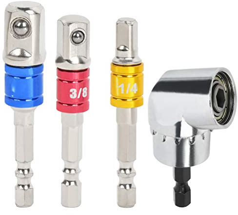TIMESETL 3Pcs 1/4 3/8 1/2 Cr-V Hex Shank Impact Grade Socket Adapter Extension Set & 105° Right Angle Drill Bit Adapter Attachment 1/4 Drive 6mm Hex Magnetic Bit Socket Screwdriver Holder Adaptor