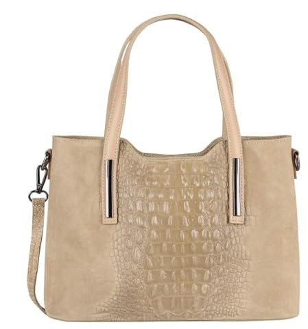 OBC Made IN Italy Damen Echt Leder Tasche Kroko-Prägung Business Shopper Schultertasche Handtasche Ledertasche Umhängetasche Wildleder Taupe