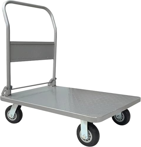 QYMYOZ Handwagen, Flache Ladefläche, tragbarer Transportwagen, Stahlplattformwagen mit klappbarem Griff und Schwenkrädern zum Ziehen von Waren und Gepäck, hohe Tragfähigkeit, FA