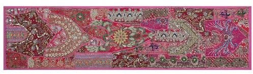 Chemin de table ethnique indien décoratif en coton avec perles brodées - Fait à la main - Fuchsia - 50,8 x 203,2 cm