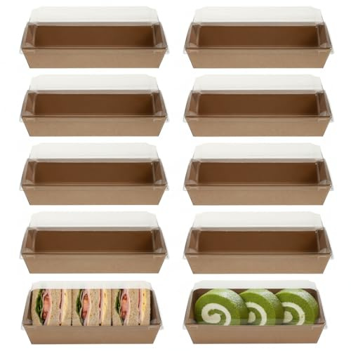 Housoutil Kraft Paper Sandwich Paper Boxes with Transparent Lids 10-Pack Rectangular Takeaway Containers for Sandwiches Cake Bread Snacks and Picnic Use