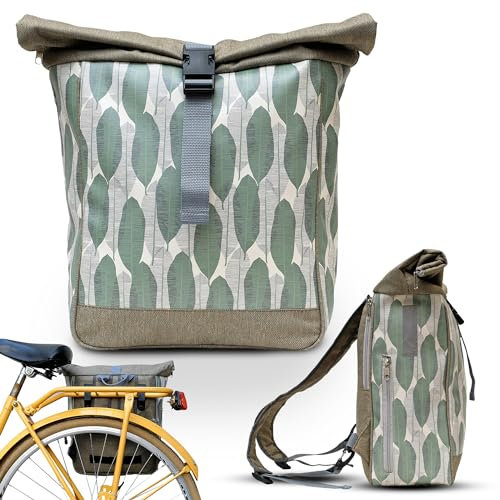 Ikuri Fahrradtasche/Rucksack Kombi Fahrradrucksack aus Plane für Gepäckträger Packtasche Wasserdicht für Frauen - Modell Banana Leafs