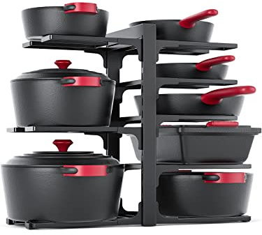 MUDEELA 8-Tier Pots and Pans Organizer under Cabinet, 15.83 Height Heavy Duty Pot Pan Organizer Kitchen Cabinet Organization and Storage, Adjustable Pot Rack for Frying Pan, Cast Iron Skillet, Black