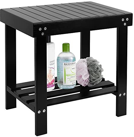 VaeFae Bambus-Spa-Bank, Holzsitz, Fußstütze, Rasierhocker mit rutschfesten Füßen, Aufbewahrungsregal für Shampoo-Handtuch, funktioniert im Badezimmer/Wohnzimmer/Schlafzimmer/Garten, Freizeit (schwarz)