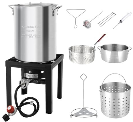 ROVSUN 30QT Turkey Fryer & 10QT Fish Fryer Kit w/ 55,000BTU Propane Stove, Aluminum Outdoor Deep Fryer & Seafood Boiler Steamer w/Baskets, Thermometer, Marinade Injector, Turkey Rack & Rack Lifter