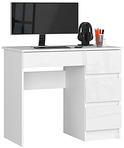 AKORD | Computertisch | Schreibtisch 4 Schubladen | Komfort | Hohe Qualität | Solide | Für Zuhause | Für das Büro | Ergonomie | Für die Arbeit | B90 x H77 x T50 cm | Weiß & Weiß Glänzend Front