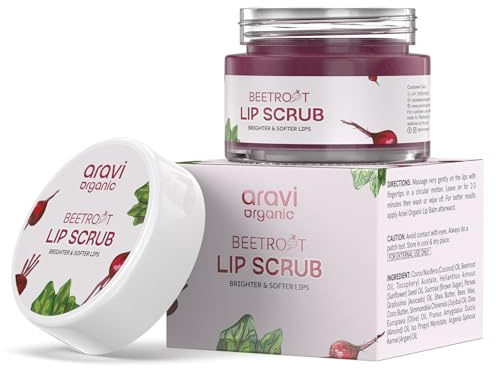 Aravi Organic Beetroot Lip Scrub with Shea Butter & Cocoa Butter – For Dark, Chapped & Pigmented Lips – Suitable for Men and Women - 0.5 FL Oz / 15gm