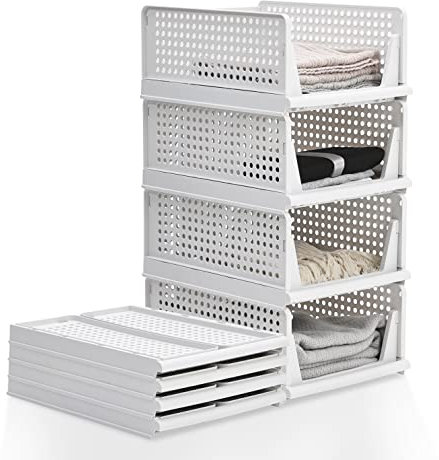 BTGGG 4 Stück Kleiderschrank Organizer Stapelbar Plastik Schrank Organizer Kleiderschrank Aufbewahrungsbox, Leicht ausziehbare Schubladenteiler für Kleidung Schrank Speisekammer Wäscherei