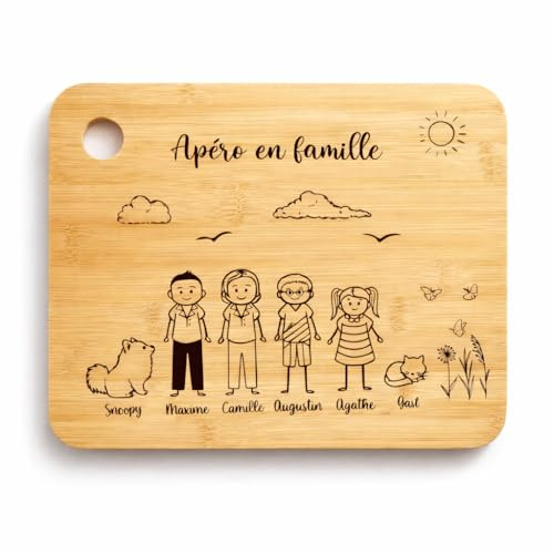Planche à découper personnalisée famille avec décor printemps en bambou, bonne idée cadeau papa, maman, fête des pères, fêtes de mères