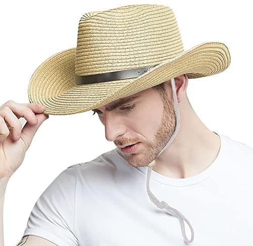 Strohhut Herren Cowboyhut Stroh Westernhut Faltbarer Panamahut mit Kinnriemen Breite Krempe Sonnenhut Anti-UV Sonnenschutz Strandhut Atmungsaktiver Sommerhut Strohkappe für Outdoor Strand Urlaub