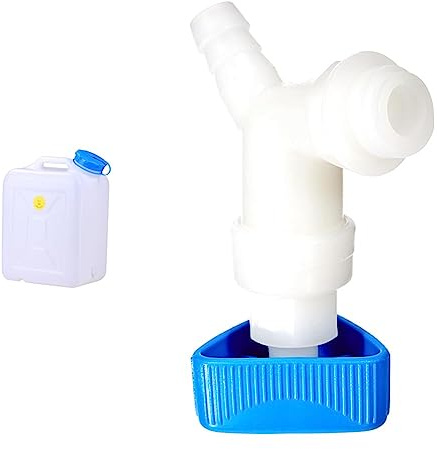 hünersdorff Weithalskanister/Abklärkanister, 31 Liter & Eckventil | gewinkelt |für Kanister mit Breitgewinde 22mm | Tüllenanschluss 13mm bzw. 1/2 | natur/blau