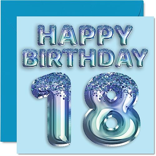Geburtstagskarte zum 18. Geburtstag für Männer, Blauer Glitzer-Partyballon | Happy Birthday Karten für 18 Jahre alten Mann, Bruder, Sohn, Neffe, Onkel, 145 mm Geburtstagsgrußkarten, Geschenk