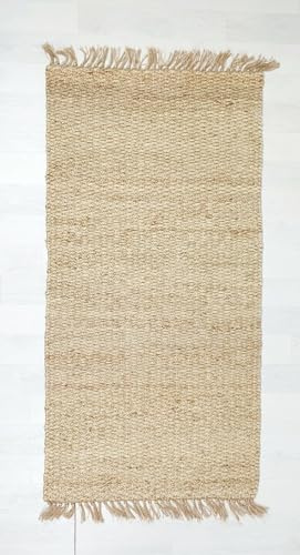 EcoKunst Jute Teppich Handgewebt 100% Naturfaser Flachgewebe Modern Boho Umweltfreundlich Natur Farbe für Wohnzimmer Schlafzimmer Flurteppich (70 x 140 cm)