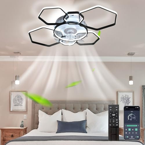 Grande Dimmerabile Ventilatore Da Soffitto Con Luce E Telecomando LED Silenzioso Soggiorno Lampadario Con Ventilatore Da Soffitto 6 Velocità Reversibile Lampadario Cameretta Con Ventilatore-Black