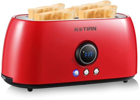 Toaster 4 Slice,KOTIAN Retro Long Slot Toasters with Countdown Timer,Stainless Steel Toaster,Bagel,Defrost,Reheat,Cancel Functions,Extra Wide Slots,6 Toast Settings,Removable Crumbs Tray,Red