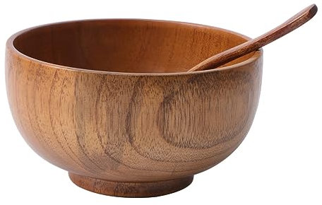 LIFKOME 2pcs Wooden Bowl and Spoon Set Hand Washable Natural Grain Bowl for Fruit Salad Soups and Buffets