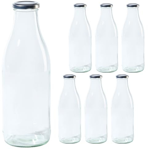 Vitrea 6 leere Glasflaschen 1 Liter Schraubverschluss Silber - Milchflaschen, Saftflaschen, große Flaschen zum Befüllen mit Deckel - für Milch, Saft, Smoothies, Öl - 6 Stück, TO48, Milch
