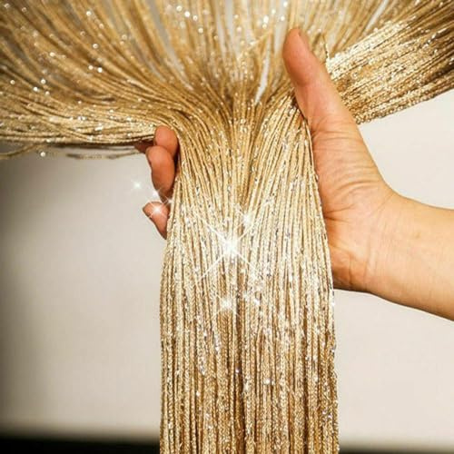 Seven-Flower String Curtain Panels Door Fly Screen Room Divider Net Hanging Glitter Curtains,Decorative Tassel Ribbon Strip Silver Screen for Living room,Bedroom,Party Events (Gold, 39 x 79)