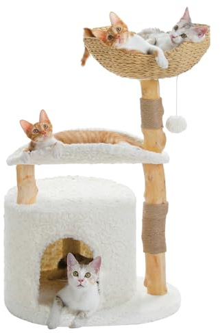 PAWZ Road 97cm Wood Cat Tree Modern Cat Tower with Real Wood and Curved Bed | 38'' Aesthetic Cat Tree with Natural Solid Wood Scratching Post, Wicker Basket and Cozy Condo for Indoor Cats, White