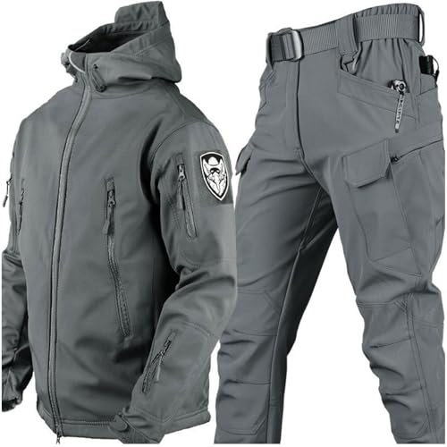 TAUIANE Taktische Jacke Und Hose FüR Herren, Softshelljacke, wasserdichte MilitäR Kampfanzug Sets, Tarnanzug FüR MilitäRuniformen, Jagdbekleidung, Outdoor,Grau,Size: M