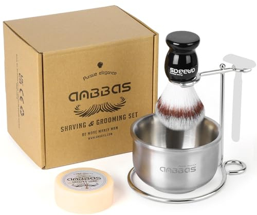 Anbbas Synthetic Badger Shaving Brush,Stainless Steel Shaving Razor and Brush Stand and Lathering Foam Bowl,3.5 oz Natural Shaving Soap Puck Refill for Men