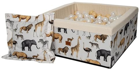 GoldenGroup Baby Samt-Bällebad 90x40 cm – Rundes Spielbecken aus Schaumstoff mit Bällen – Modell- Zoo Ball Pool + beige, Perla, pernamental Bälle
