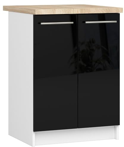 AKORD | Küchenschrank mit Arbeitsplatte - Oliwia S60 | Küchenunterschrank mit 2 Türen und 2 Einlegeböden | Unterschrank Küche 60 cm Breit | ABS-Kante 18 mm | 46 x 60 x 85 cm | Weiß & Schwarz Glanz