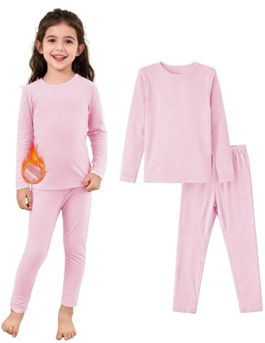 Zando Kids Pink Thermal Base Layer Set 5-6 Years, Kids Thermal Long Sleeve Top & Tights Leggings Set, Light Pink, 5-6 Years