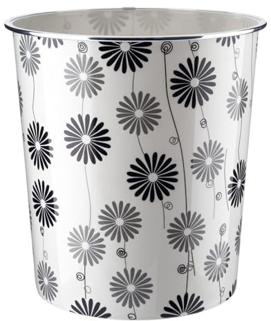 MantraRaj Plastic Waste Paper Basket Bin Round Waste Basket Trash Can Lightweight Recycling Rubbish Bin for Home Office Kitchen Bedroom, Garbage Container Dustbin 7.7Litre (Black Flower)