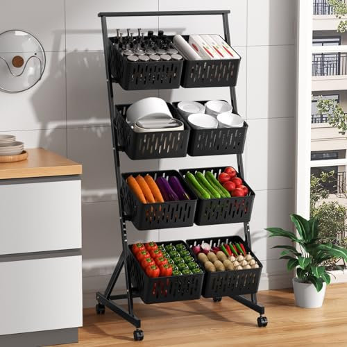 Carrello impilabile a 4 ripiani per frutta e verdura, con ruote a 360 gradi, con cestini staccabili, colore nero