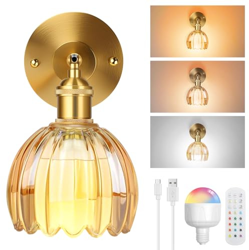 SERBASIC Vintage Rechargeable Wall Sconces, Battery Operated Wall Lights with Remote & Detachable RGB Bulbs, 3 Color Temperatures, Wireless Dimmable Sconce for Bedroom, Living Room, Hallway